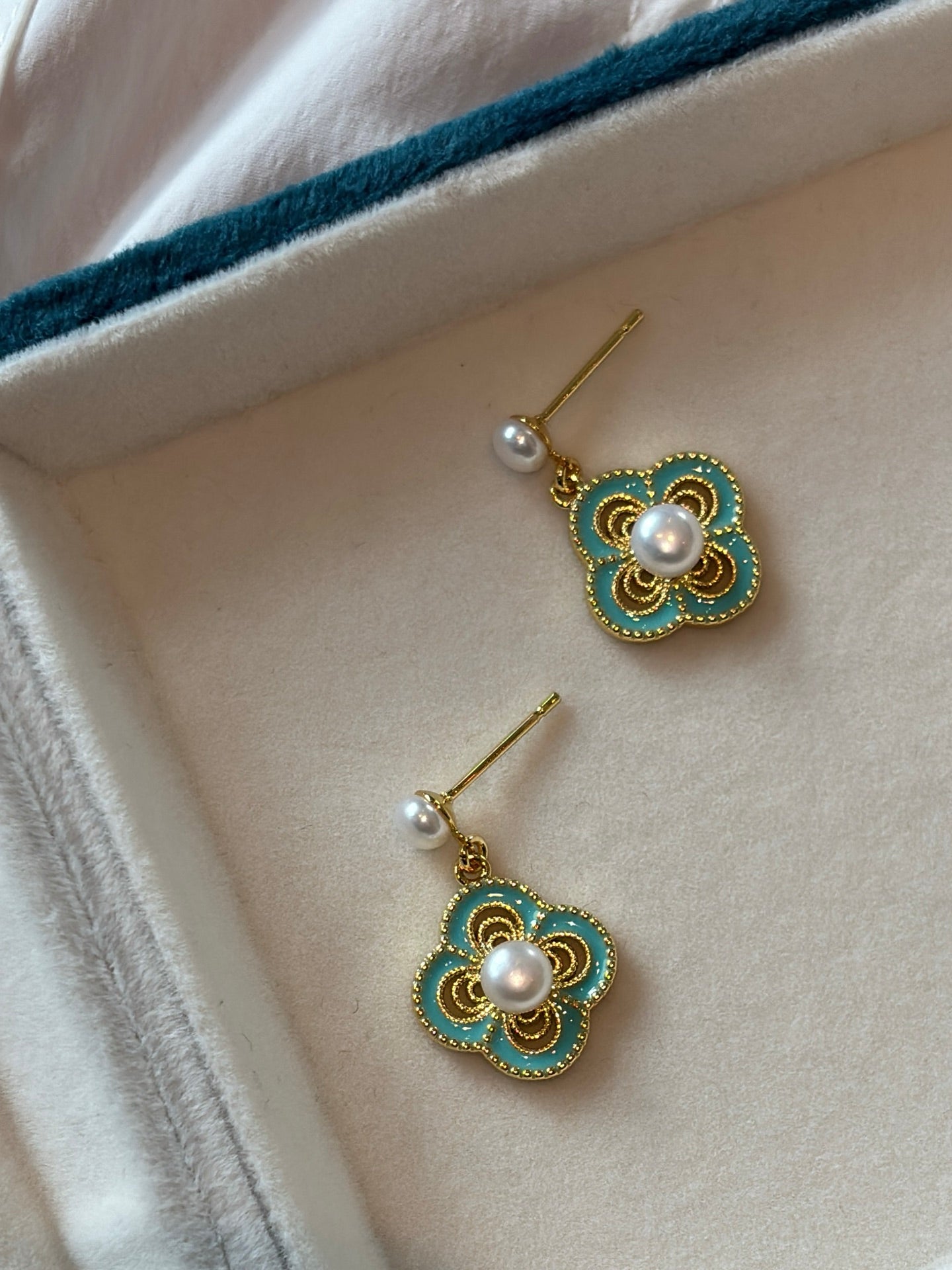 Vintage Cloisonne Four-Leaf Clover Pearl Earrings