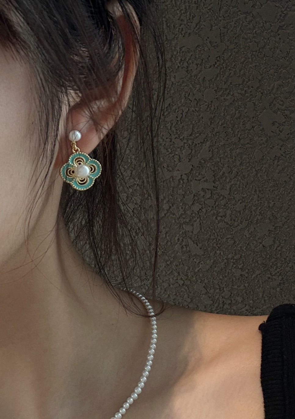 Vintage Cloisonne Four-Leaf Clover Pearl Earrings