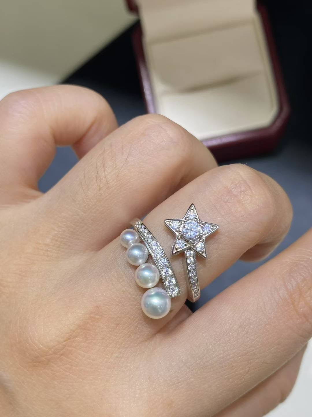 Nested Starfall Duo Ring Set: Freshwater Pearl & Diamond Stackable Rings - Daily Elegance