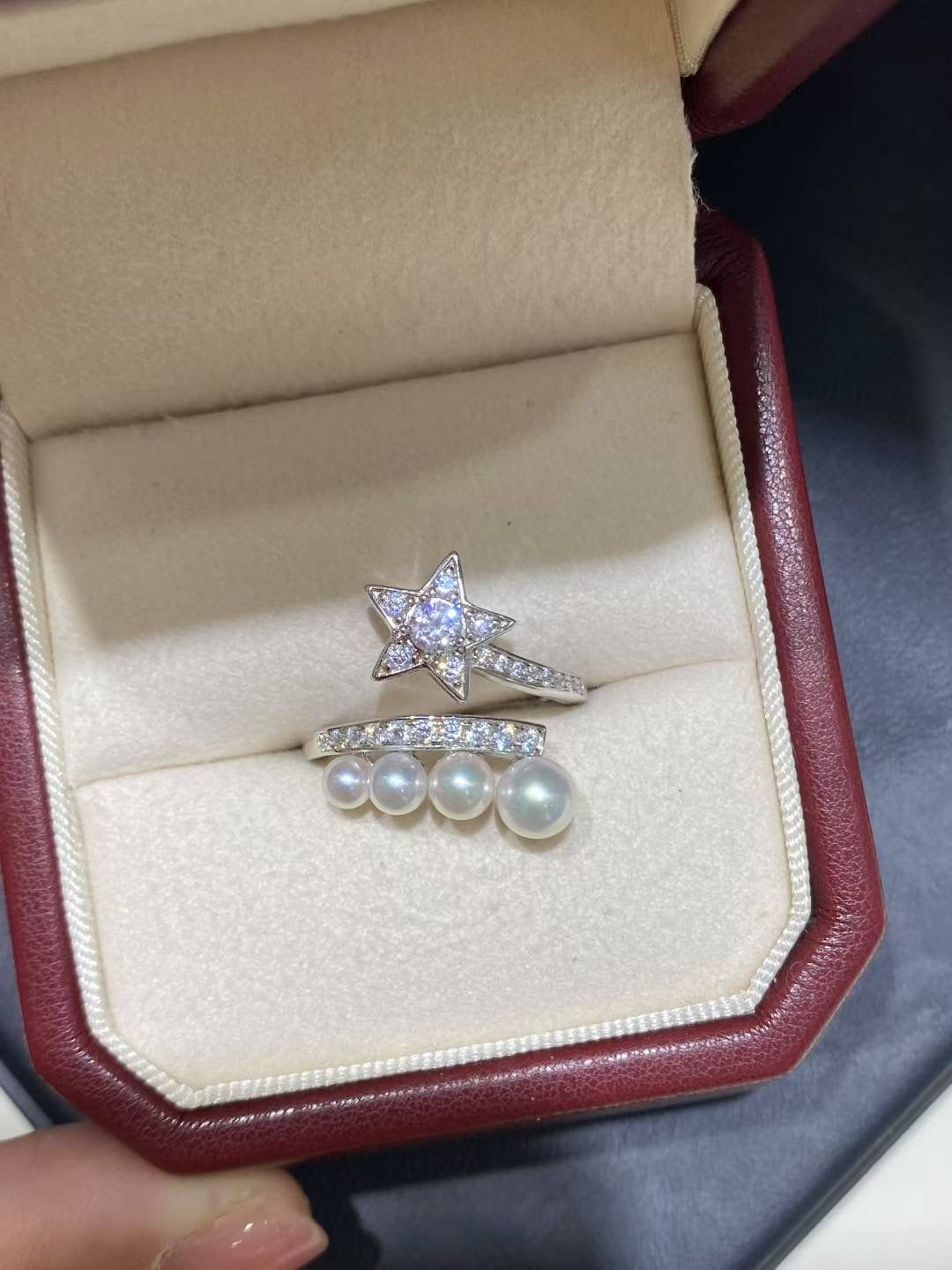 Nested Starfall Duo Ring Set: Freshwater Pearl & Diamond Stackable Rings - Daily Elegance