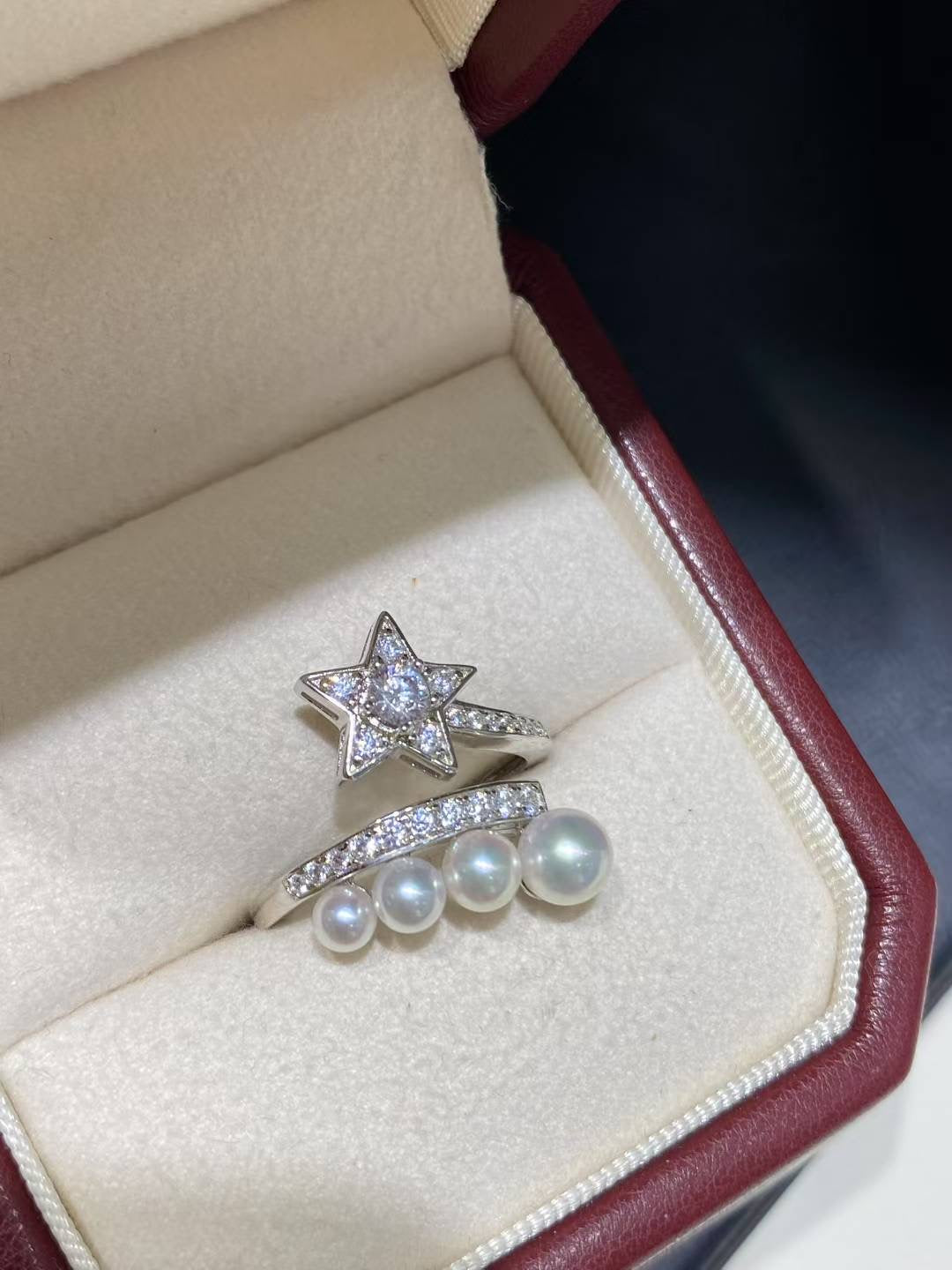 Nested Starfall Duo Ring Set: Freshwater Pearl & Diamond Stackable Rings - Daily Elegance