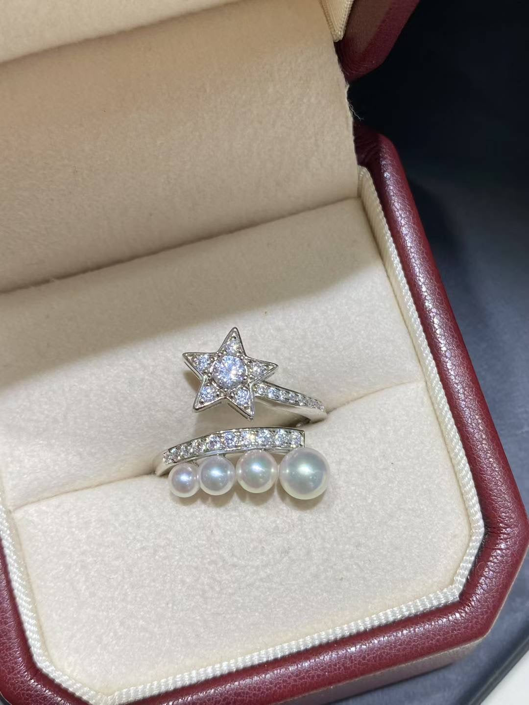 Nested Starfall Duo Ring Set: Freshwater Pearl & Diamond Stackable Rings - Daily Elegance