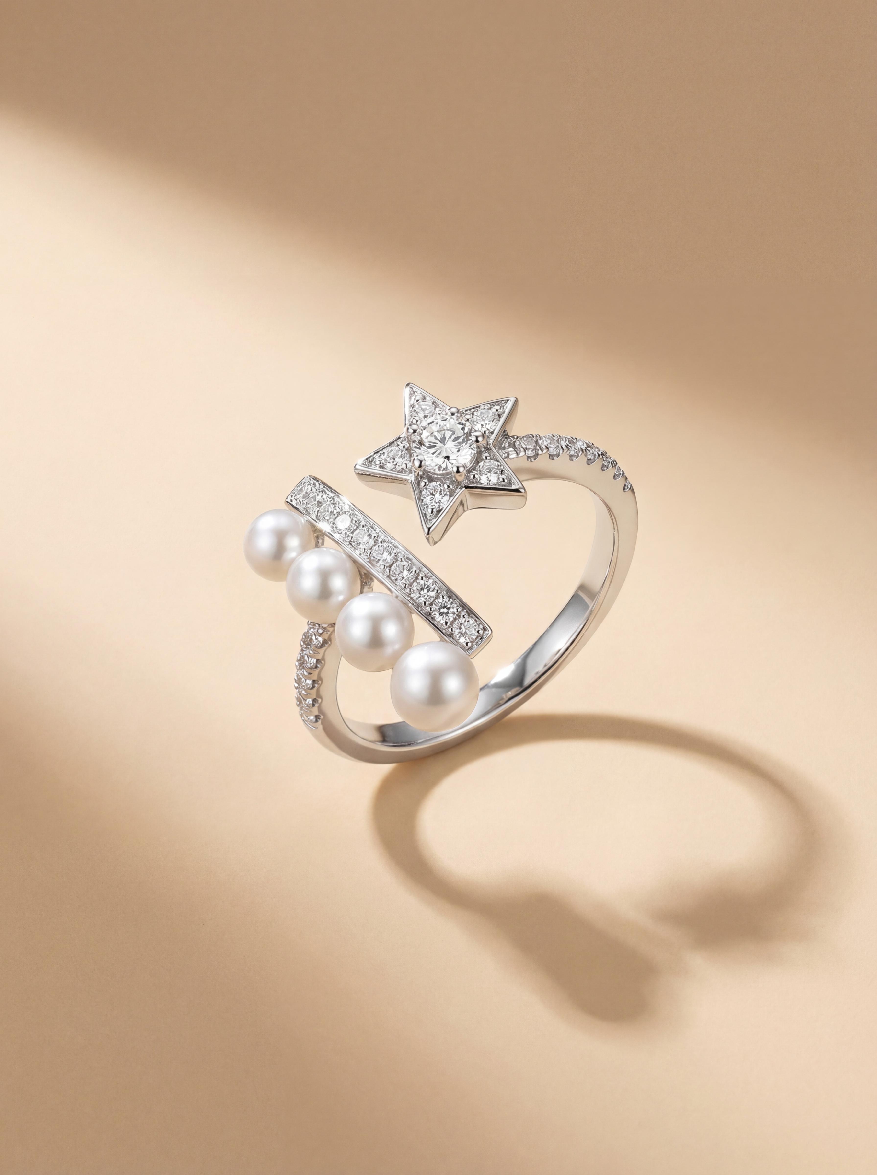Nested Starfall Duo Ring Set: Freshwater Pearl & Diamond Stackable Rings - Daily Elegance
