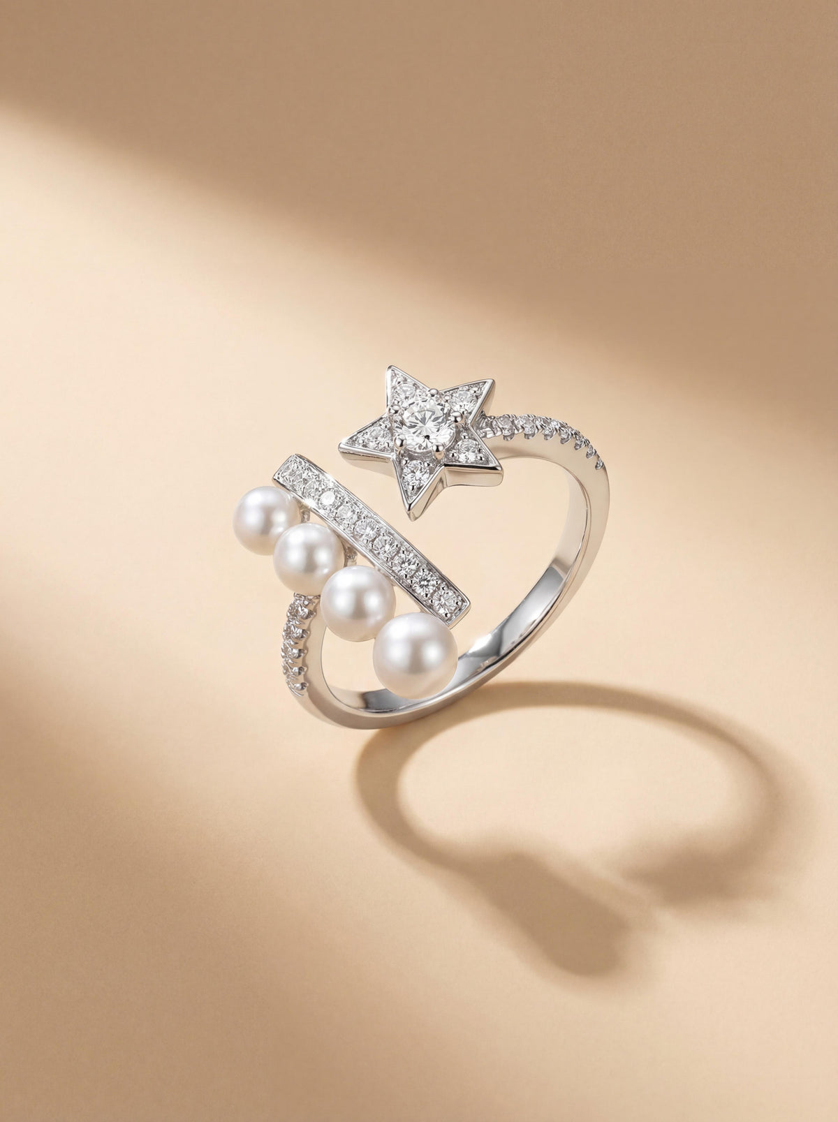 Nested Starfall Duo Ring Set: Freshwater Pearl & Diamond Stackable Rings - Daily Elegance