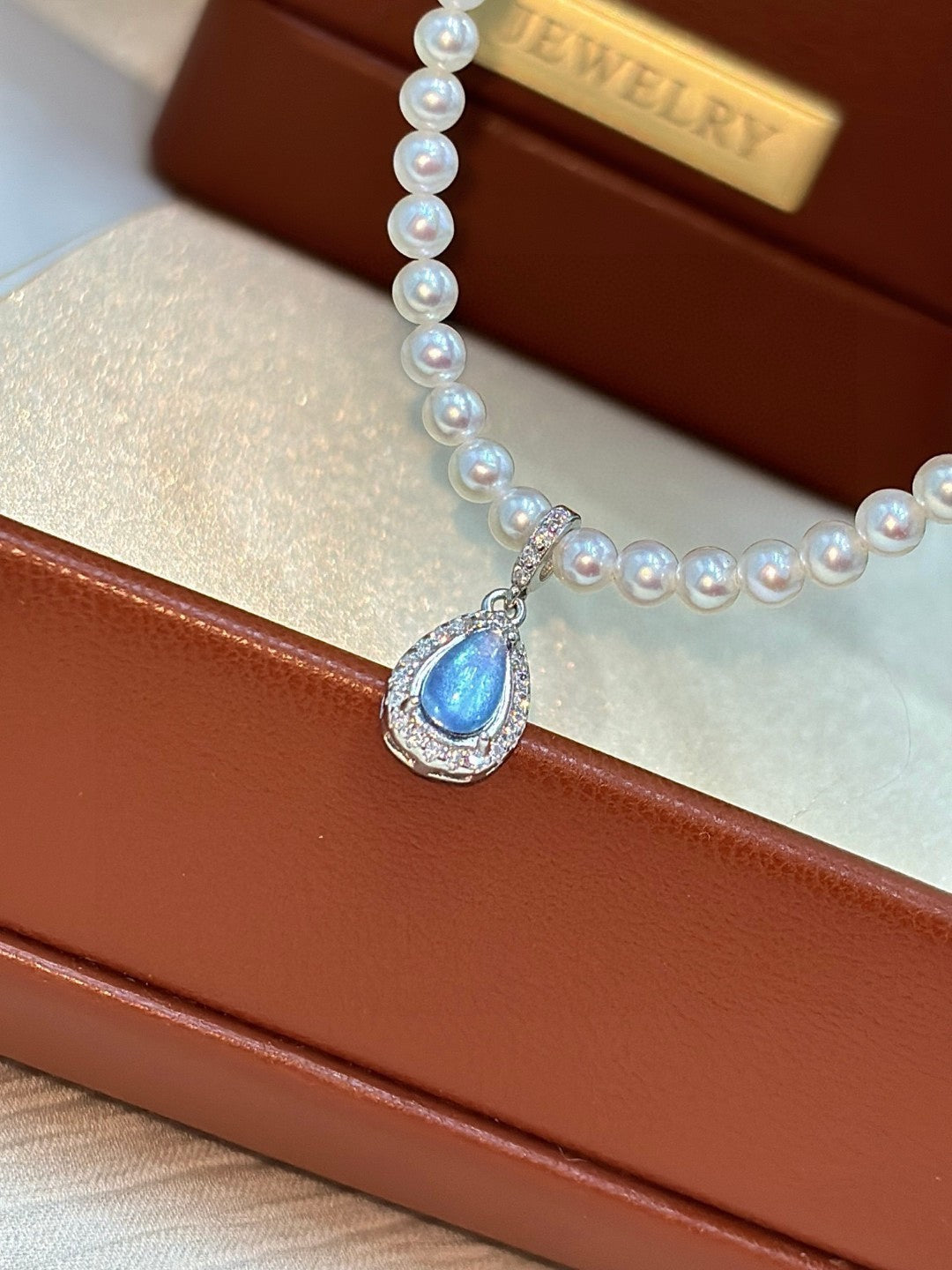 Ocean Whisper Double-Layer Freshwater Pearl Necklace with Aquamarine Charm