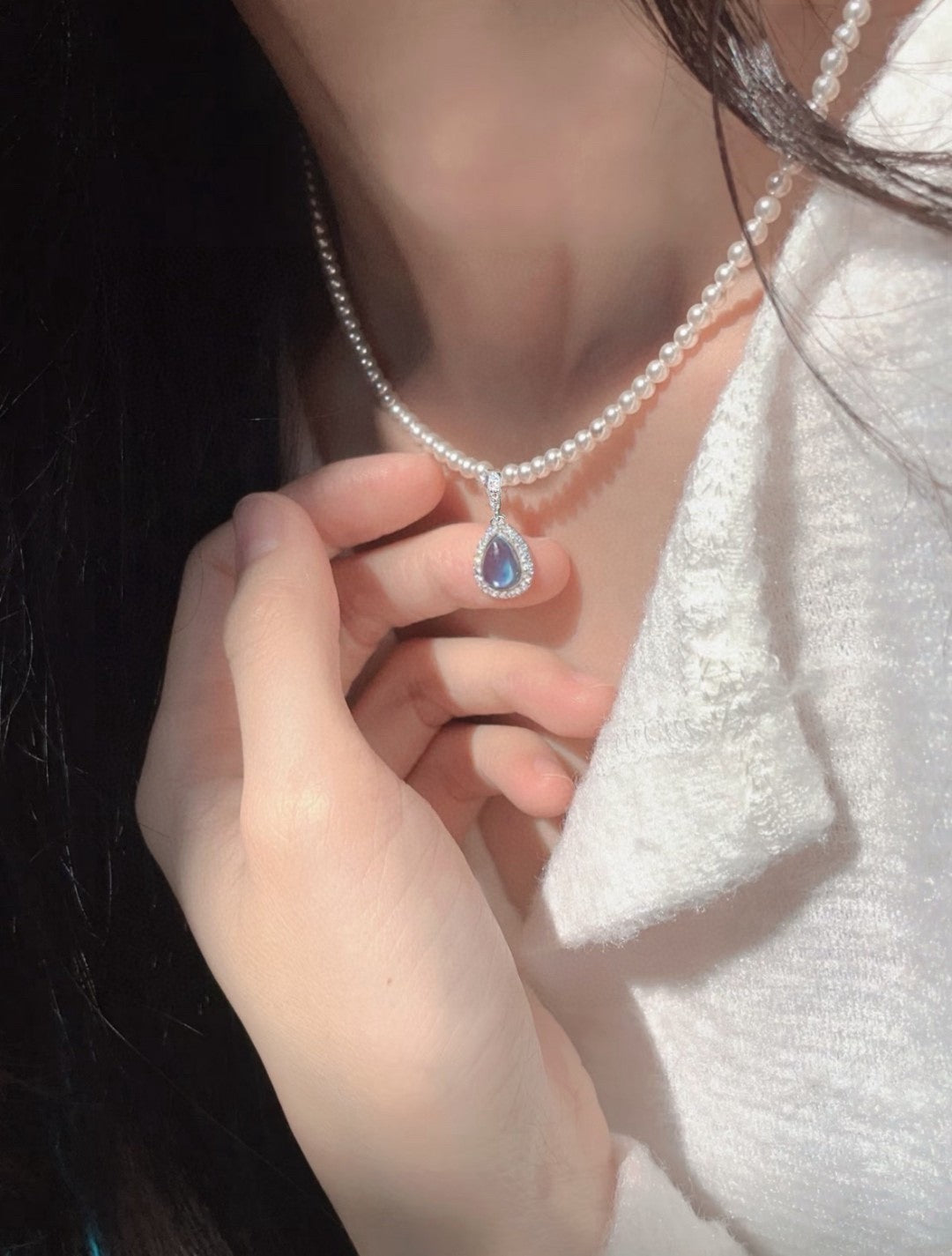 Ocean Whisper Double-Layer Freshwater Pearl Necklace with Aquamarine Charm