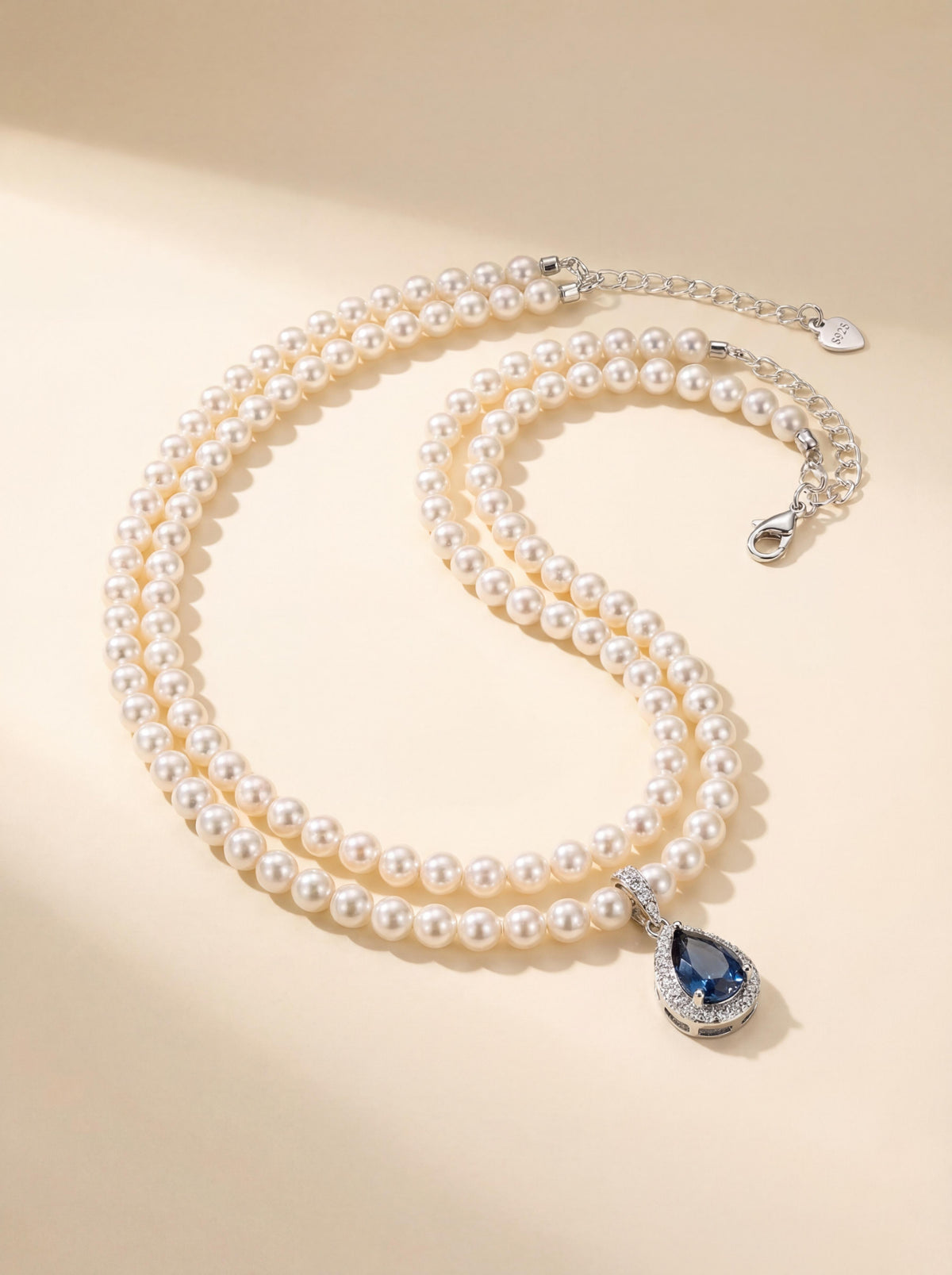 Ocean Whisper Double-Layer Freshwater Pearl Necklace with Aquamarine Charm
