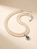 Ocean Whisper Double-Layer Freshwater Pearl Necklace with Aquamarine Charm