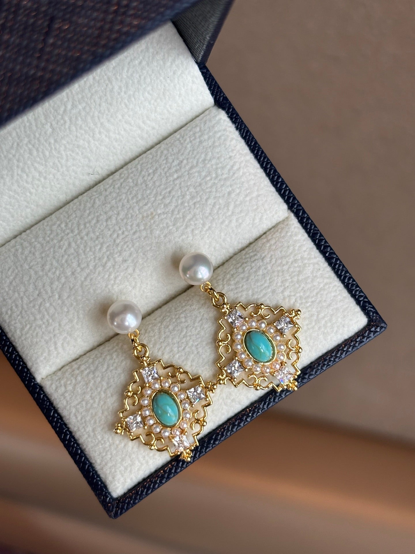 Ethereal Freshwater Pearl & Turquoise Drop Earrings | Vintage Floral Dangle | Lightweight Luxury
