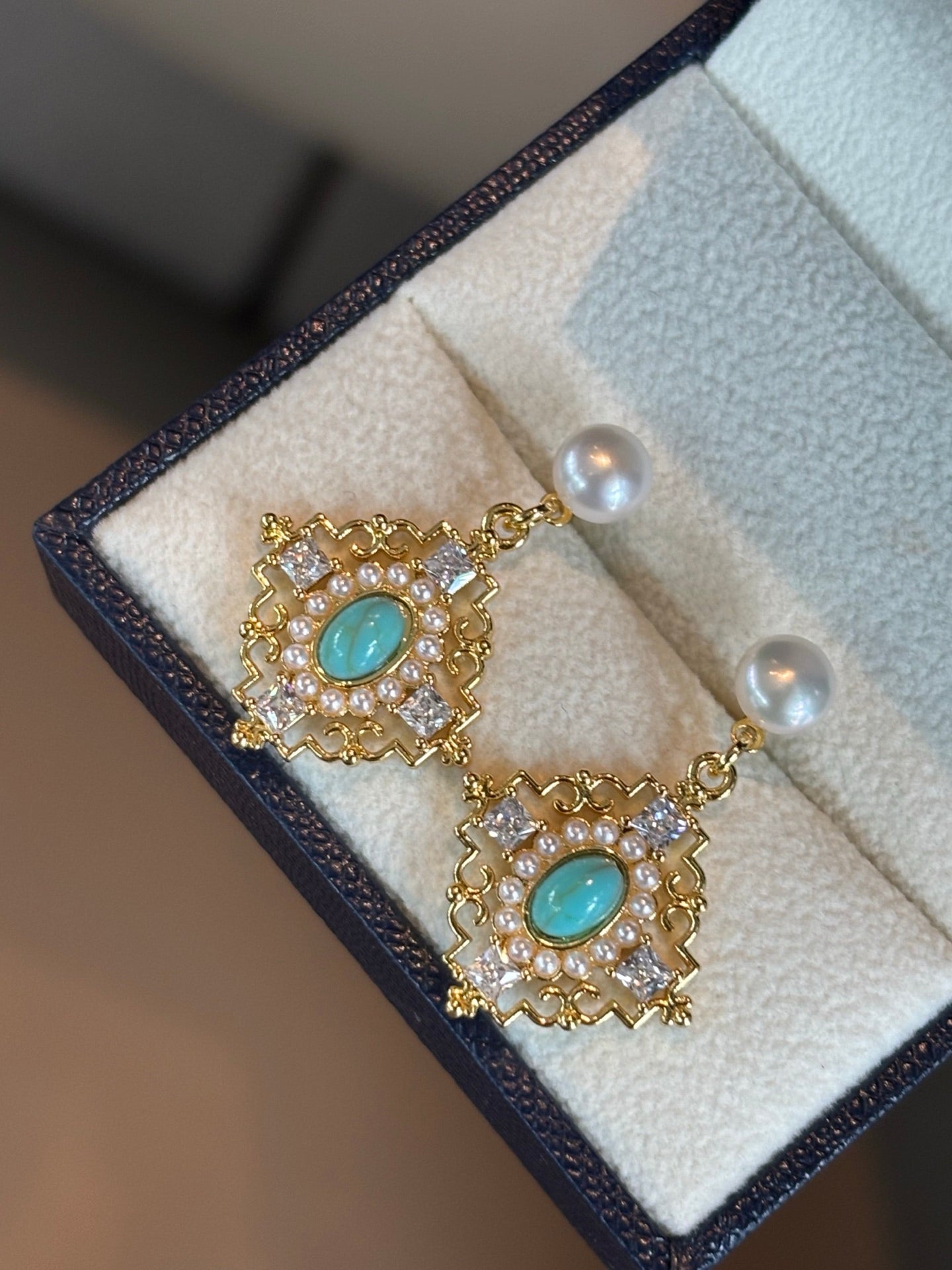 Ethereal Freshwater Pearl & Turquoise Drop Earrings | Vintage Floral Dangle | Lightweight Luxury
