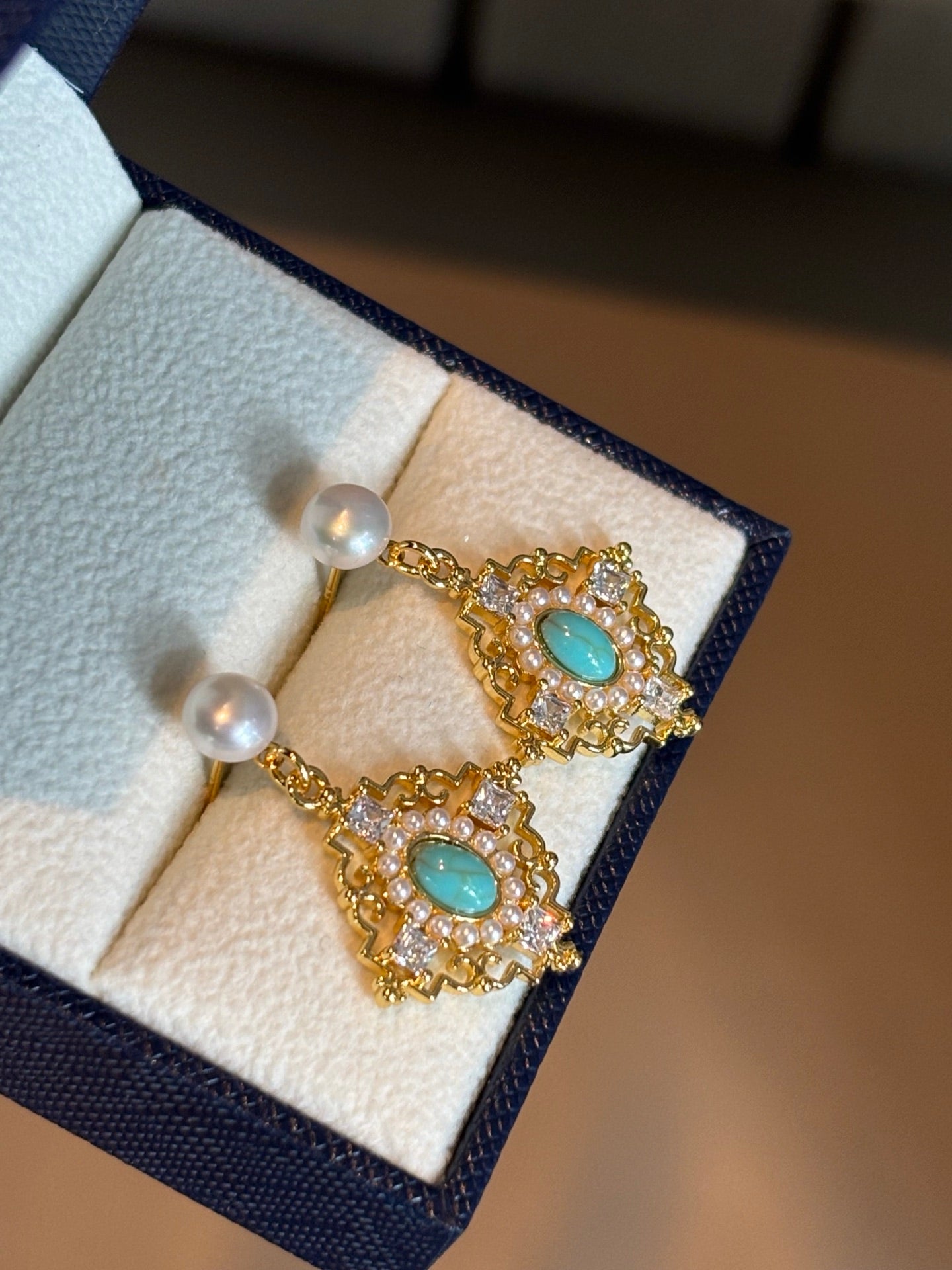 Ethereal Freshwater Pearl & Turquoise Drop Earrings | Vintage Floral Dangle | Lightweight Luxury