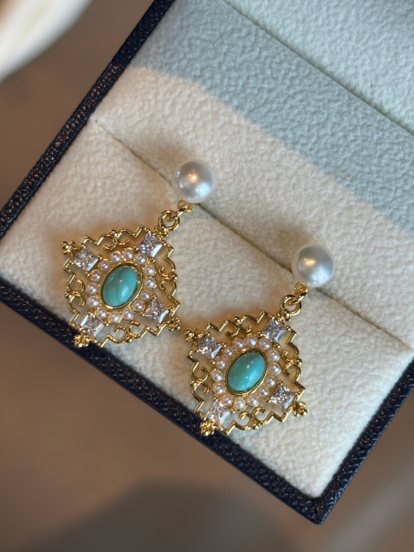 Ethereal Freshwater Pearl & Turquoise Drop Earrings | Vintage Floral Dangle | Lightweight Luxury