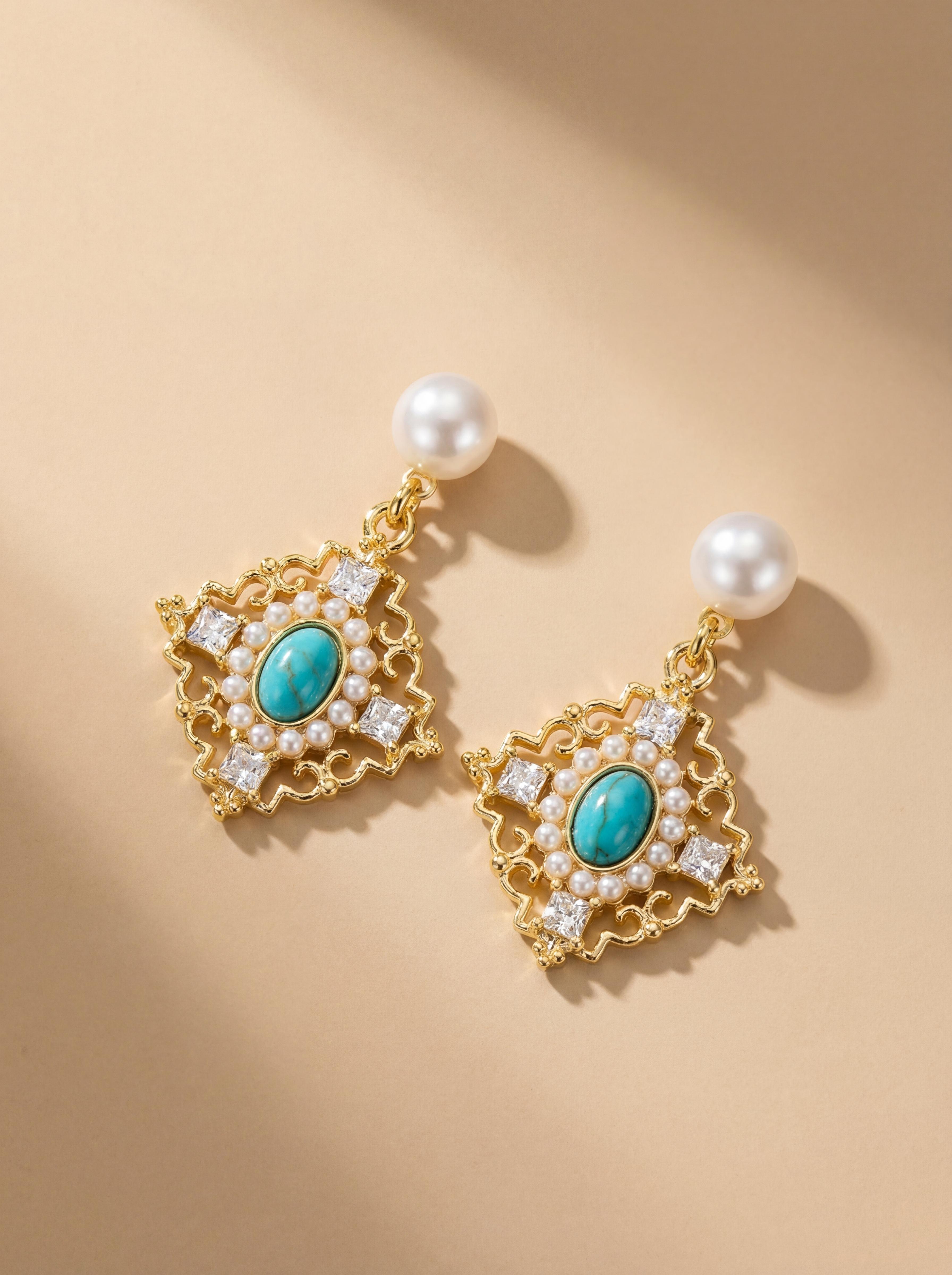 Ethereal Freshwater Pearl & Turquoise Drop Earrings | Vintage Floral Dangle | Lightweight Luxury