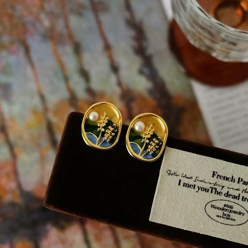Hand-Painted Enamel Wild Freshwater Pearl Earrings - Impressionist Art Inspired
