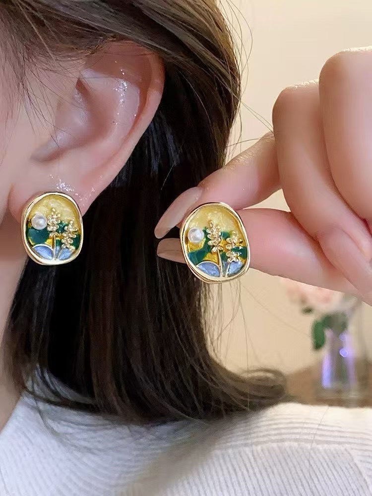 Hand-Painted Enamel Wild Freshwater Pearl Earrings - Impressionist Art Inspired