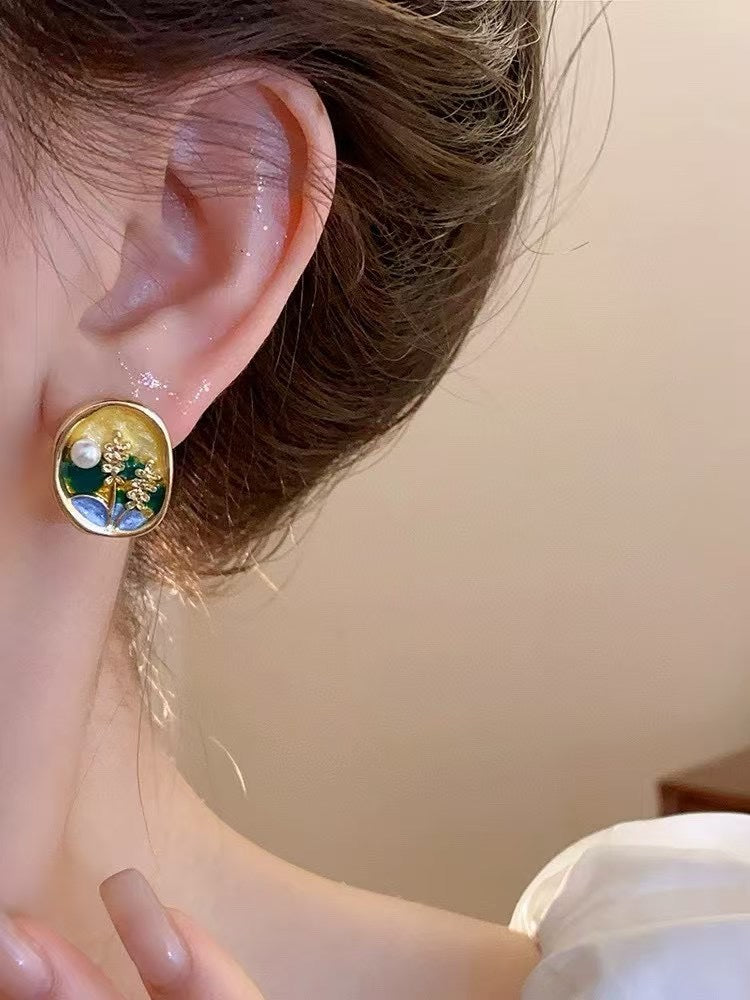Hand-Painted Enamel Wild Freshwater Pearl Earrings - Impressionist Art Inspired