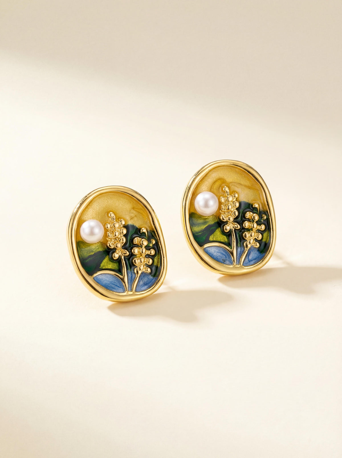 Hand-Painted Enamel Wild Freshwater Pearl Earrings - Impressionist Art Inspired