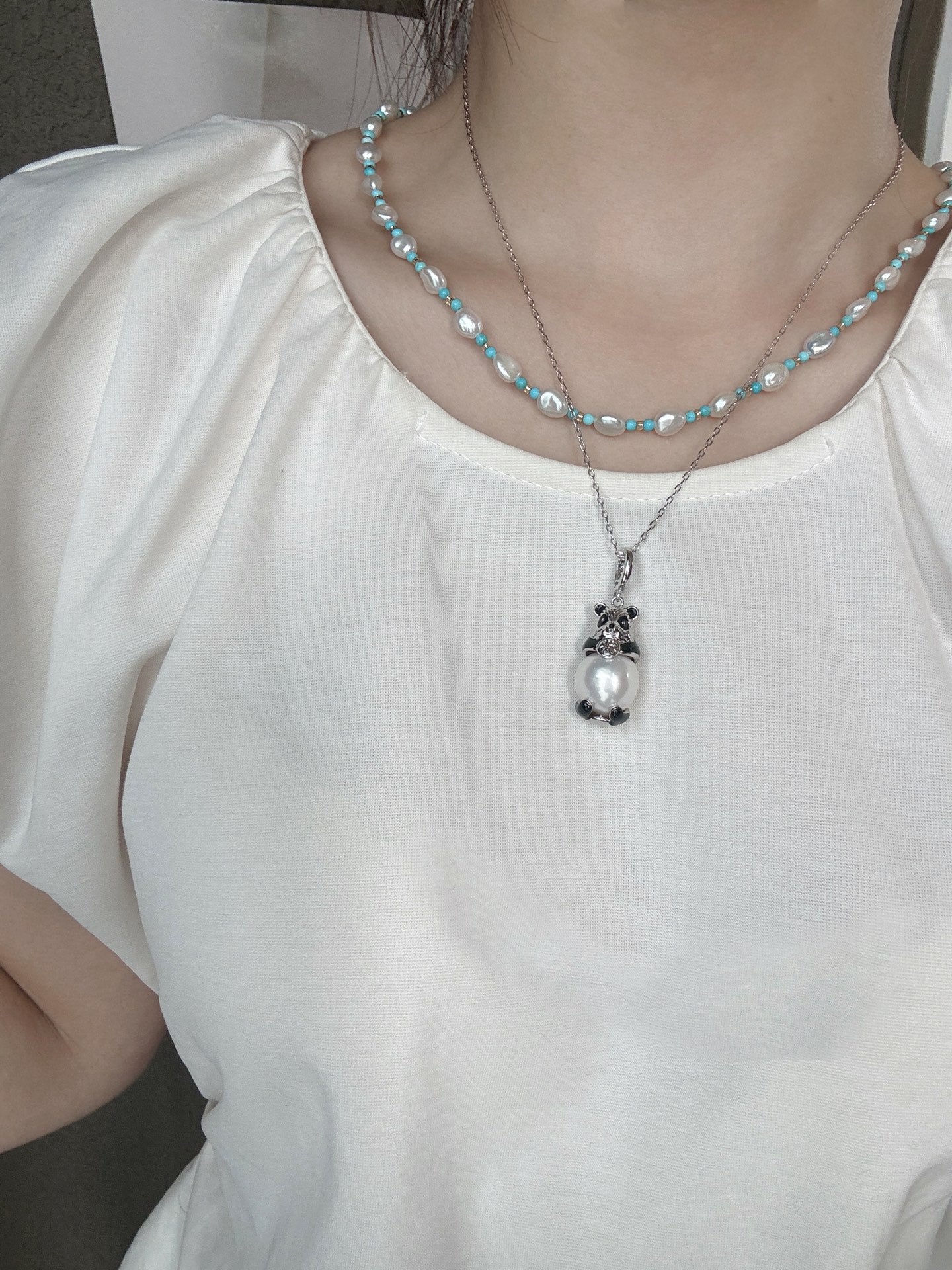 Whimsical Bamboo Bear Pearl Pendant Necklace