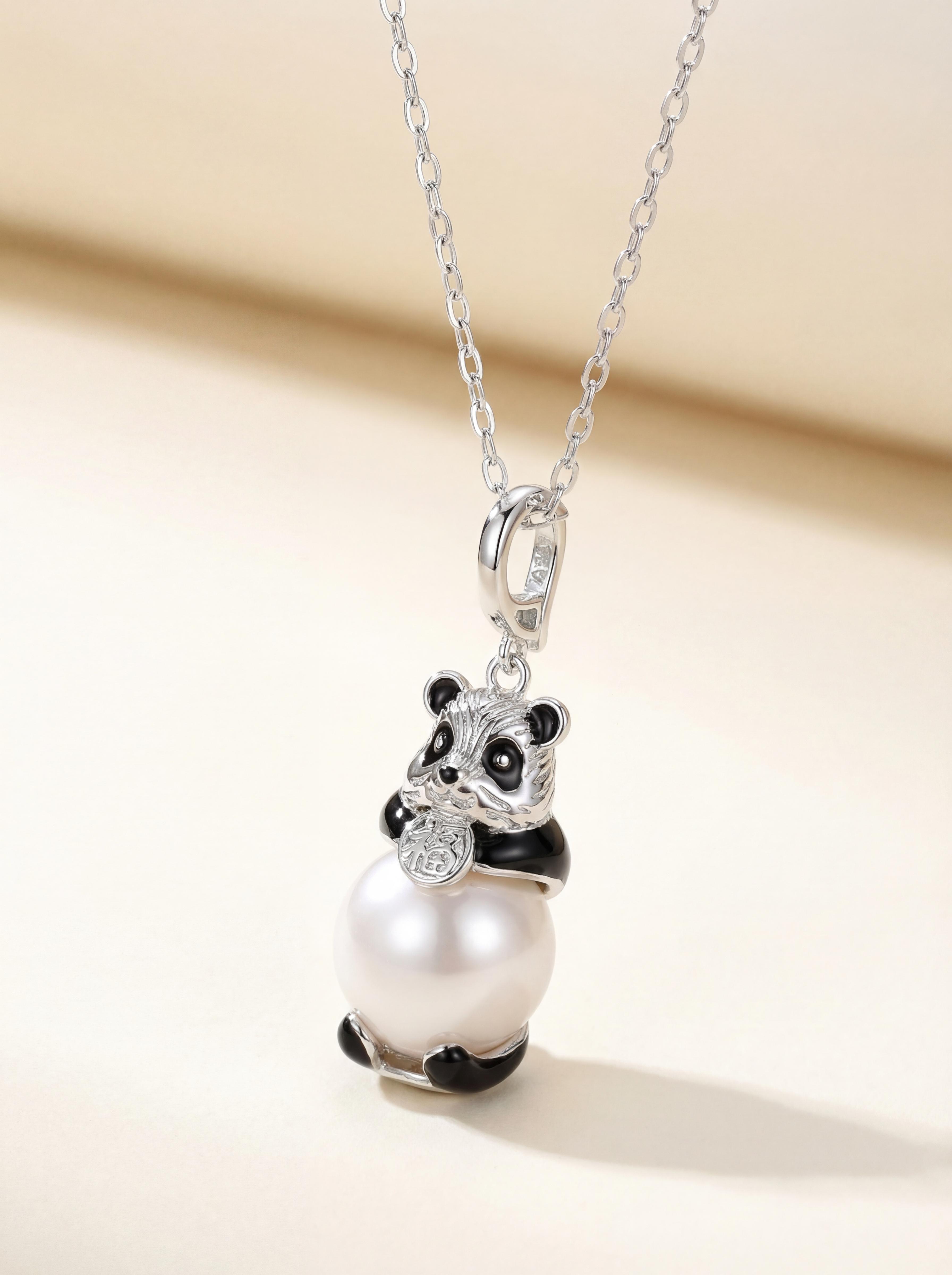 Whimsical Bamboo Bear Pearl Pendant Necklace
