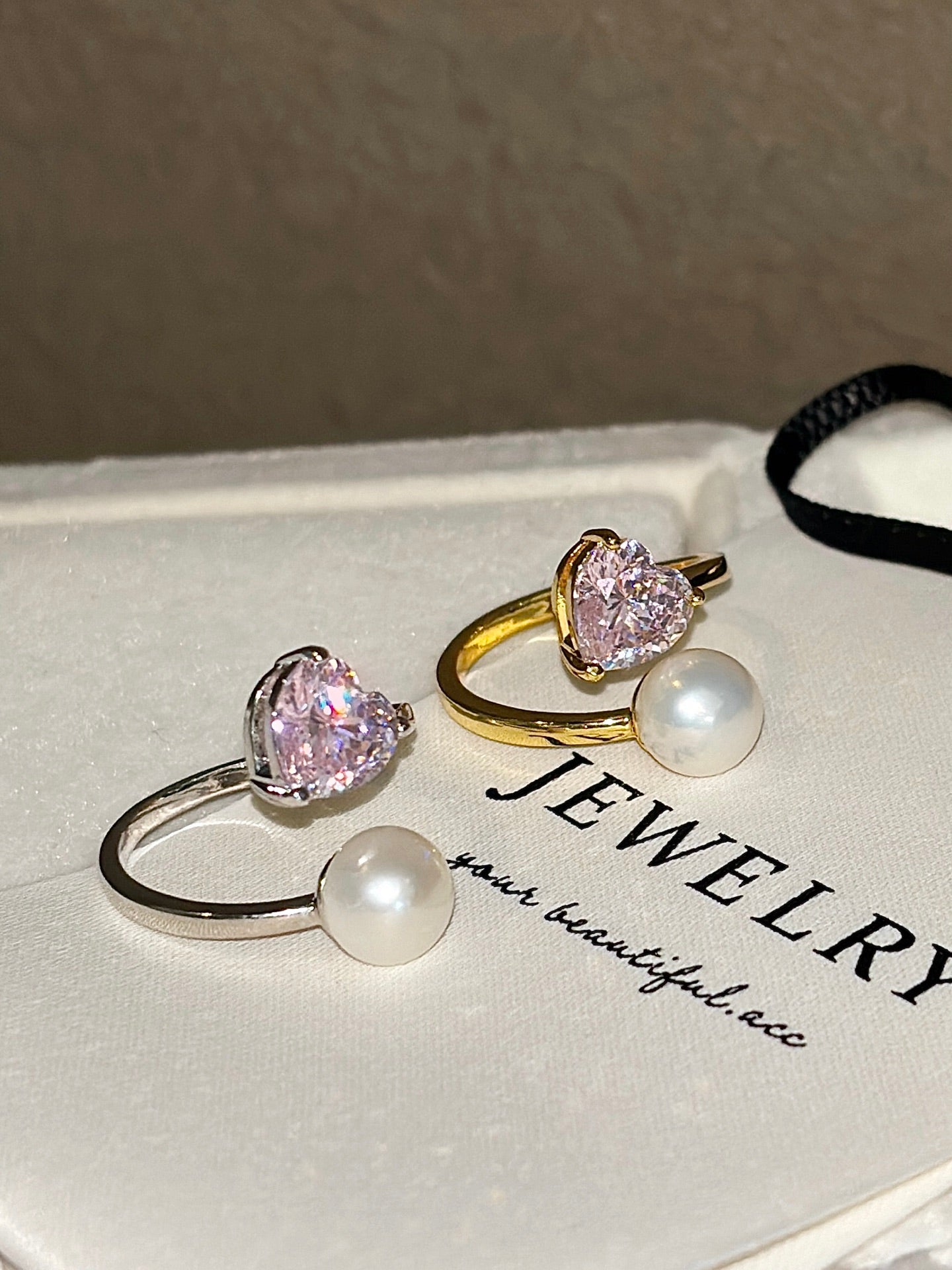 Blush Essence Double-Band Pearl and Heart Ring – Dainty Duo for Soulful Expression