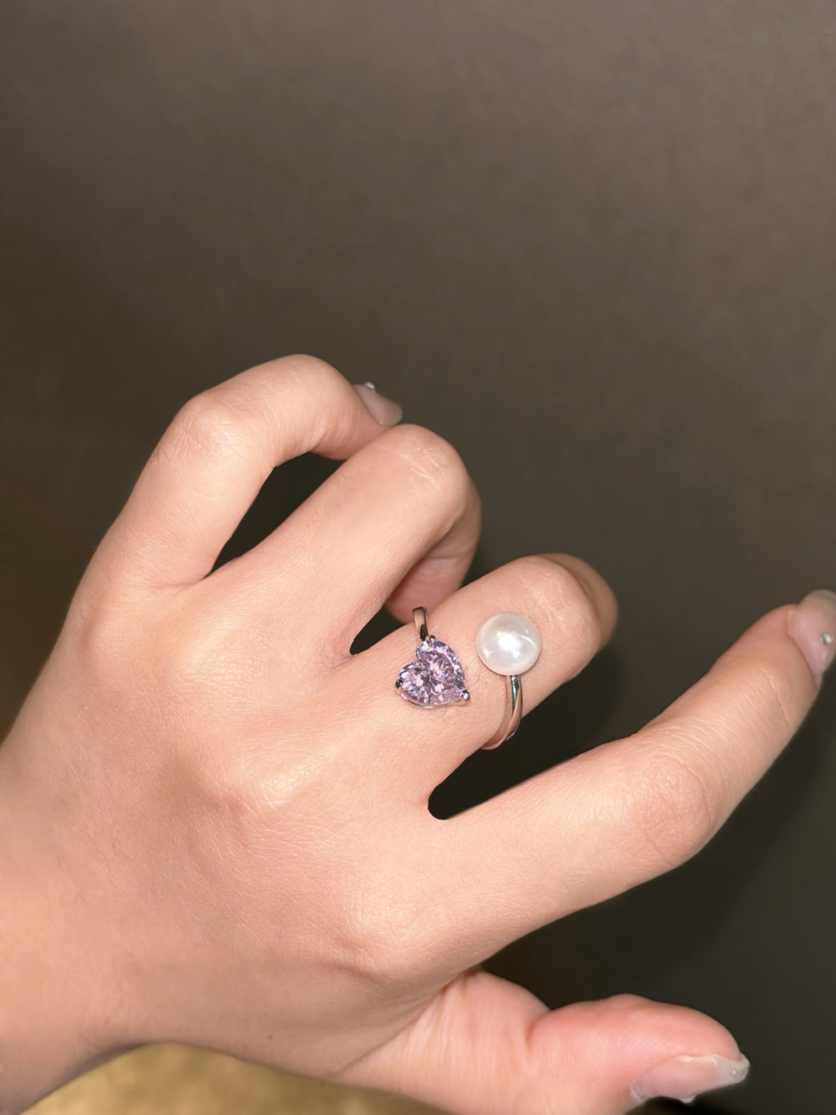 Blush Essence Double-Band Pearl and Heart Ring – Dainty Duo for Soulful Expression Silver