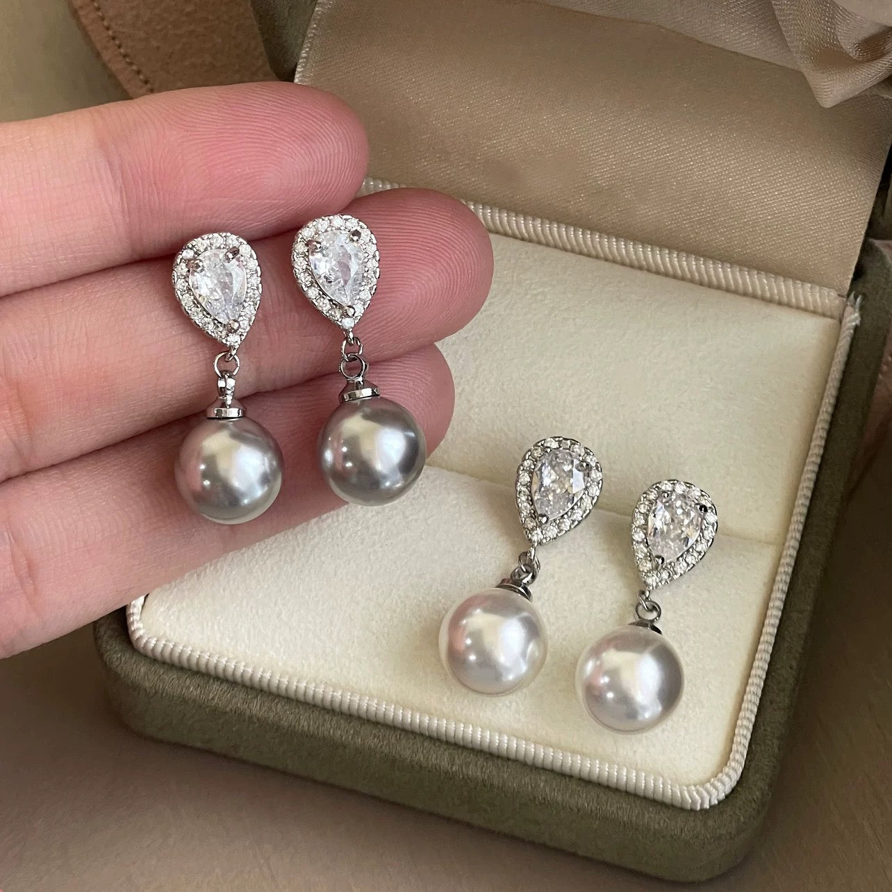 Morning Dew Pearl Drop Earrings with Diamond Accents