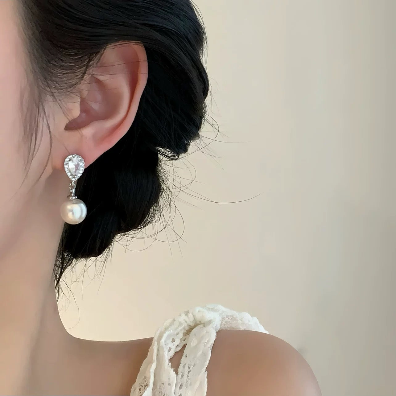 Morning Dew Pearl Drop Earrings with Diamond Accents White