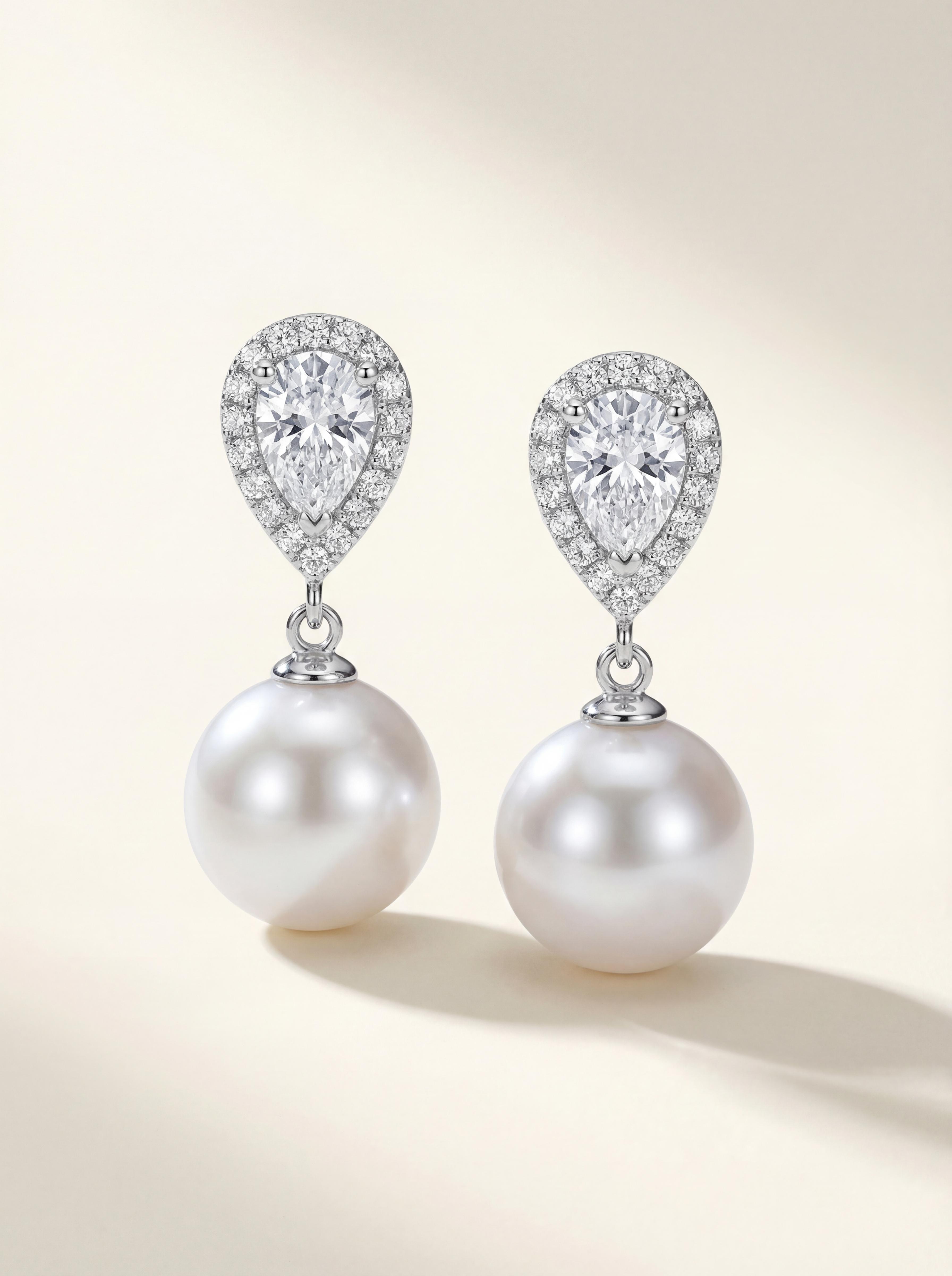Morning Dew Pearl Drop Earrings with Diamond Accents