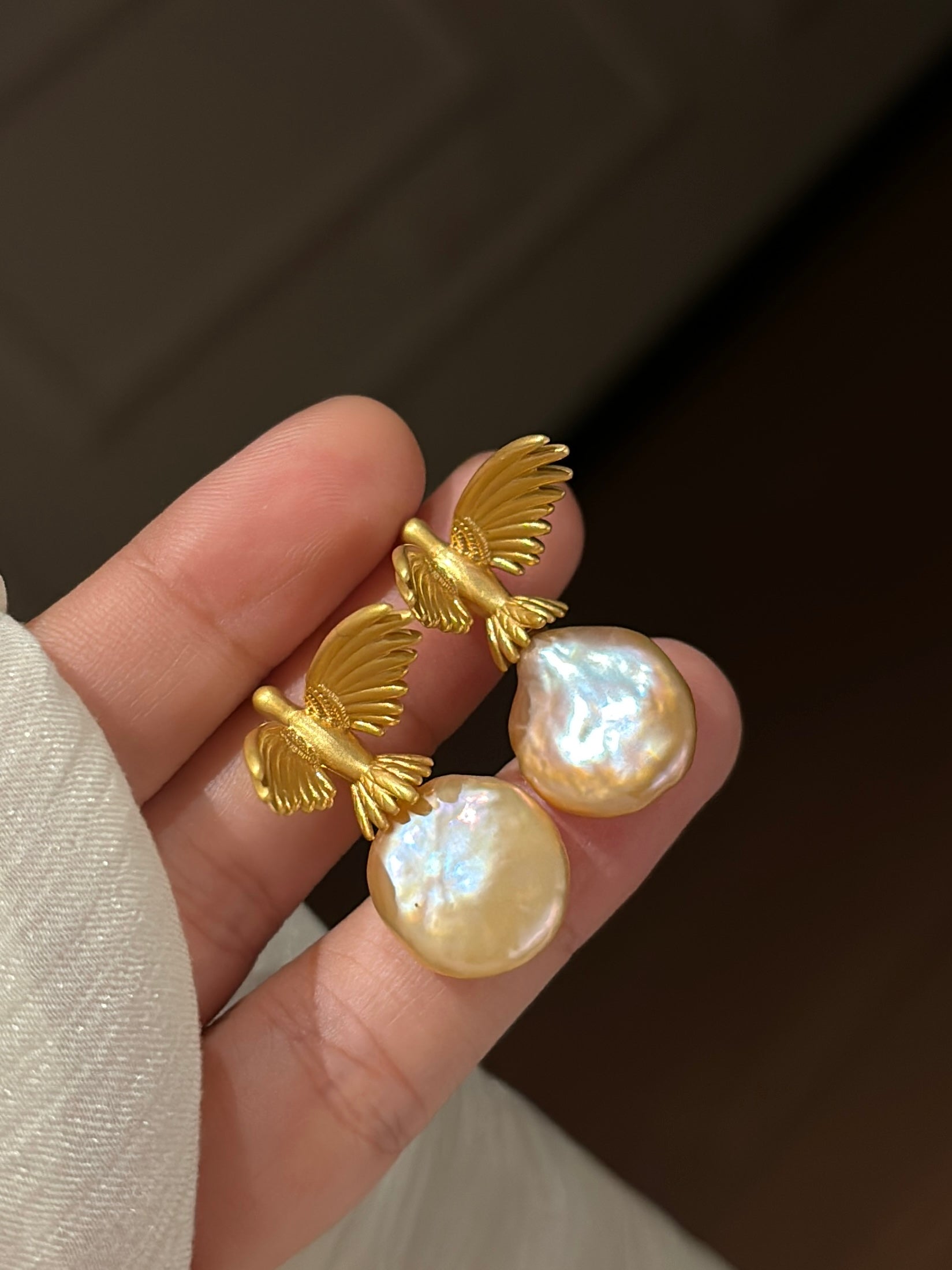 Wild Freshwater Pearl Flying Bird Gold Earrings - Moonlight & Wind in Your Ears