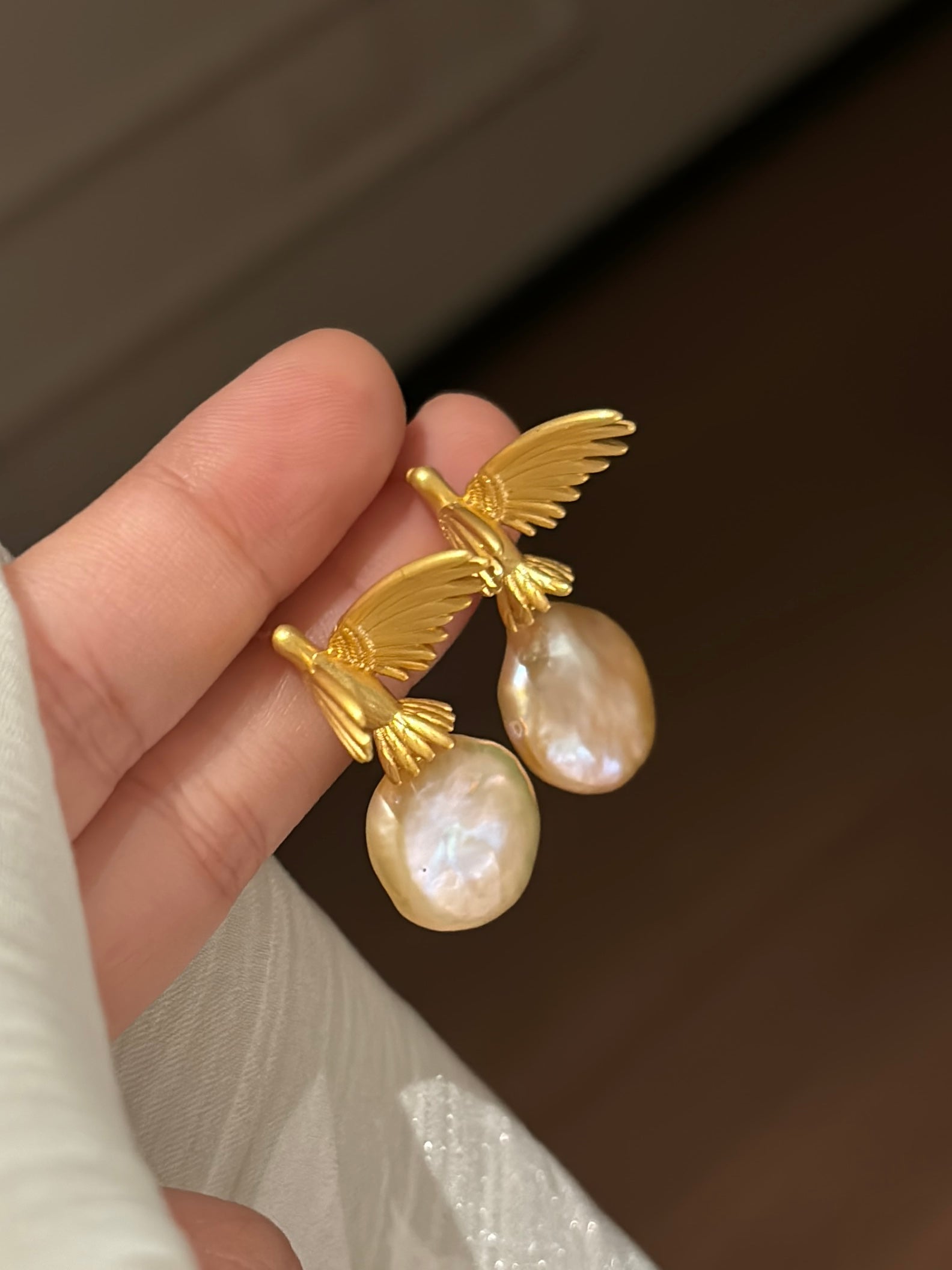 Wild Freshwater Pearl Flying Bird Gold Earrings - Moonlight & Wind in Your Ears