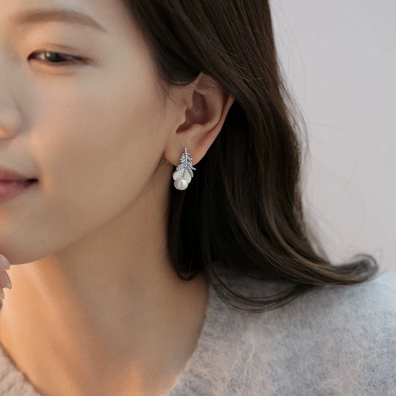 Ethereal Dewdrop Pearl Feather Ear Studs