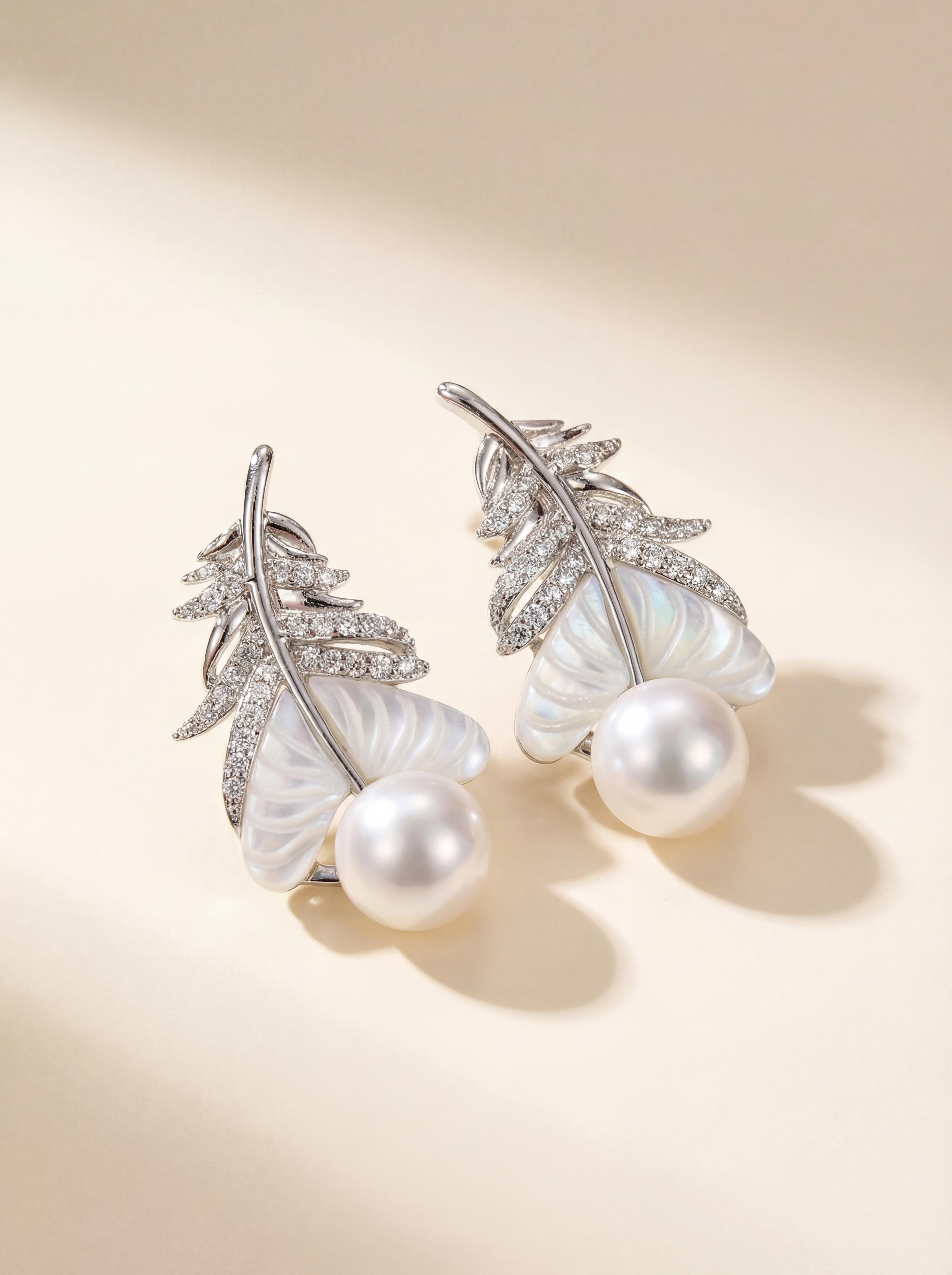 Ethereal Dewdrop Pearl Feather Ear Studs