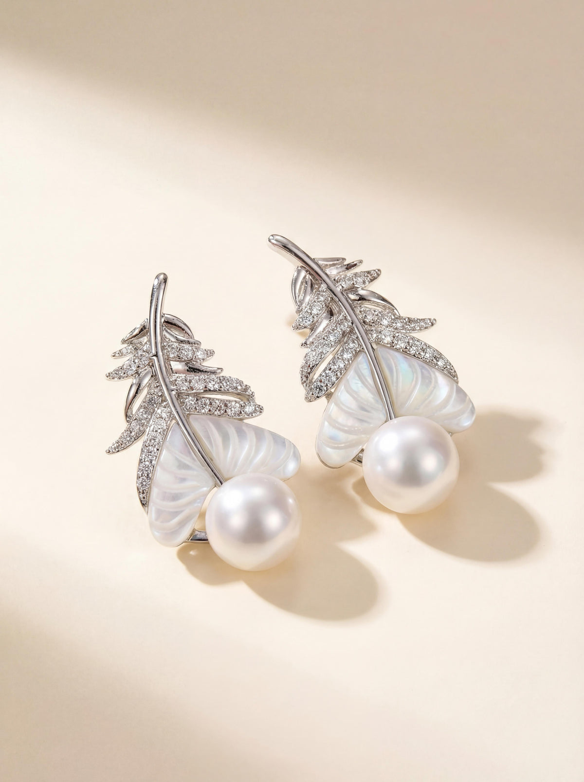 Ethereal Dewdrop Pearl Feather Ear Studs