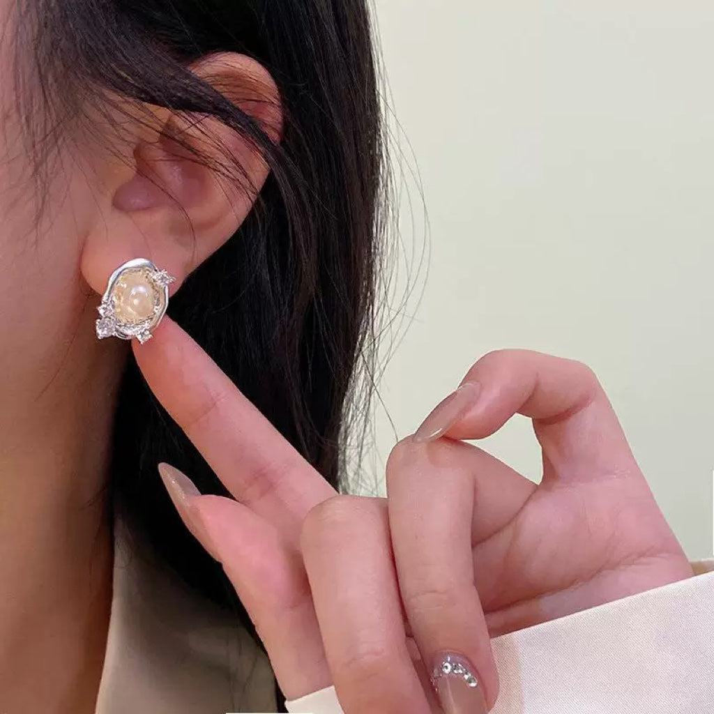 Timeless Wave - Handcrafted Pearl Earrings with Genuine Freshwater Pearls & Diamond Accents