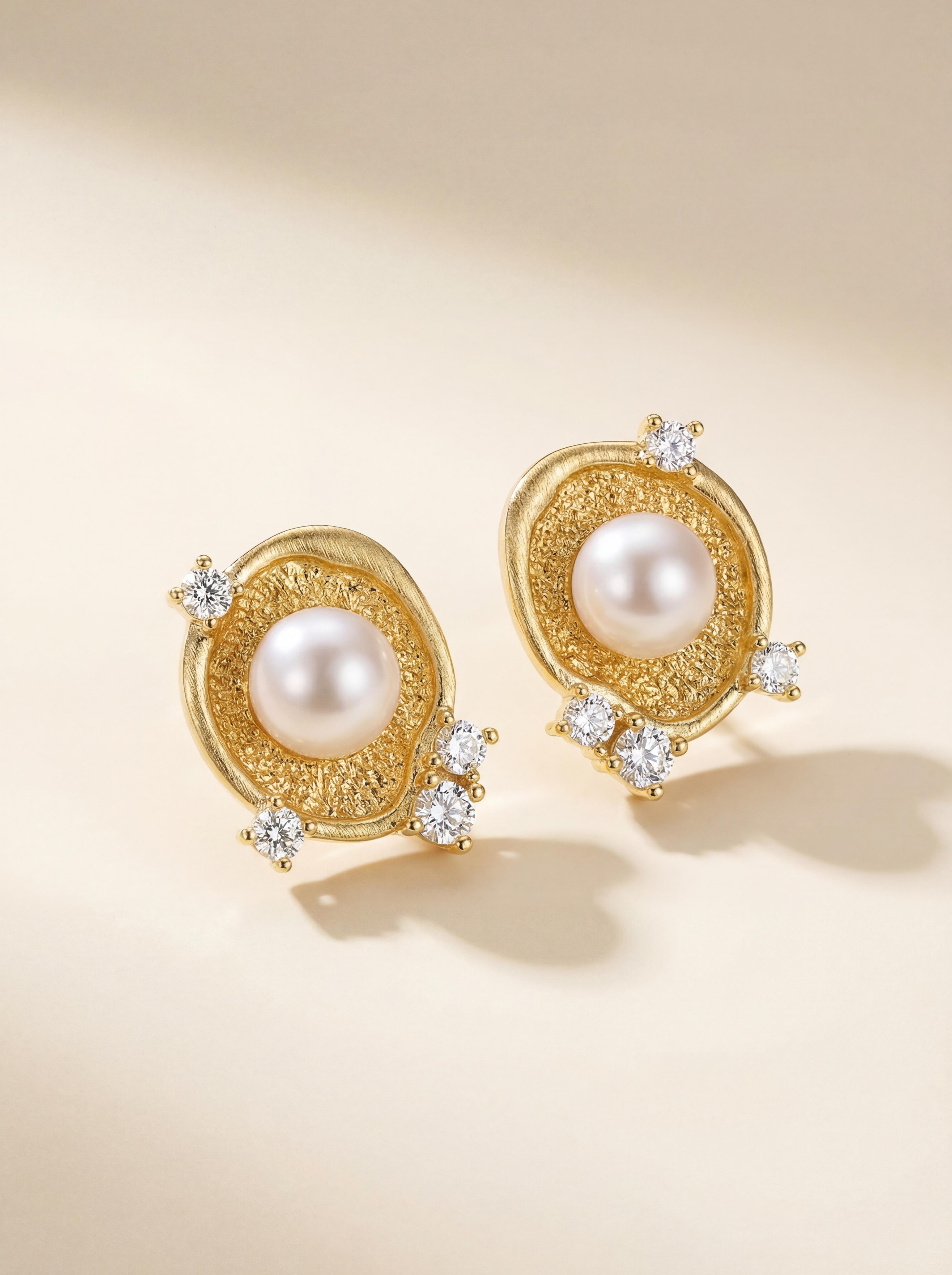 Timeless Wave - Handcrafted Pearl Earrings with Genuine Freshwater Pearls & Diamond Accents Gold