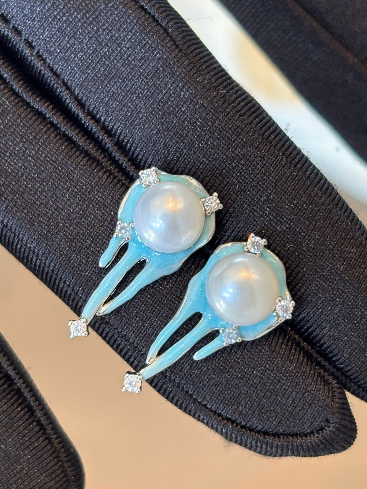Artisanal Freshwater Pearl Enamel Earrings – Ocean Mist Silver