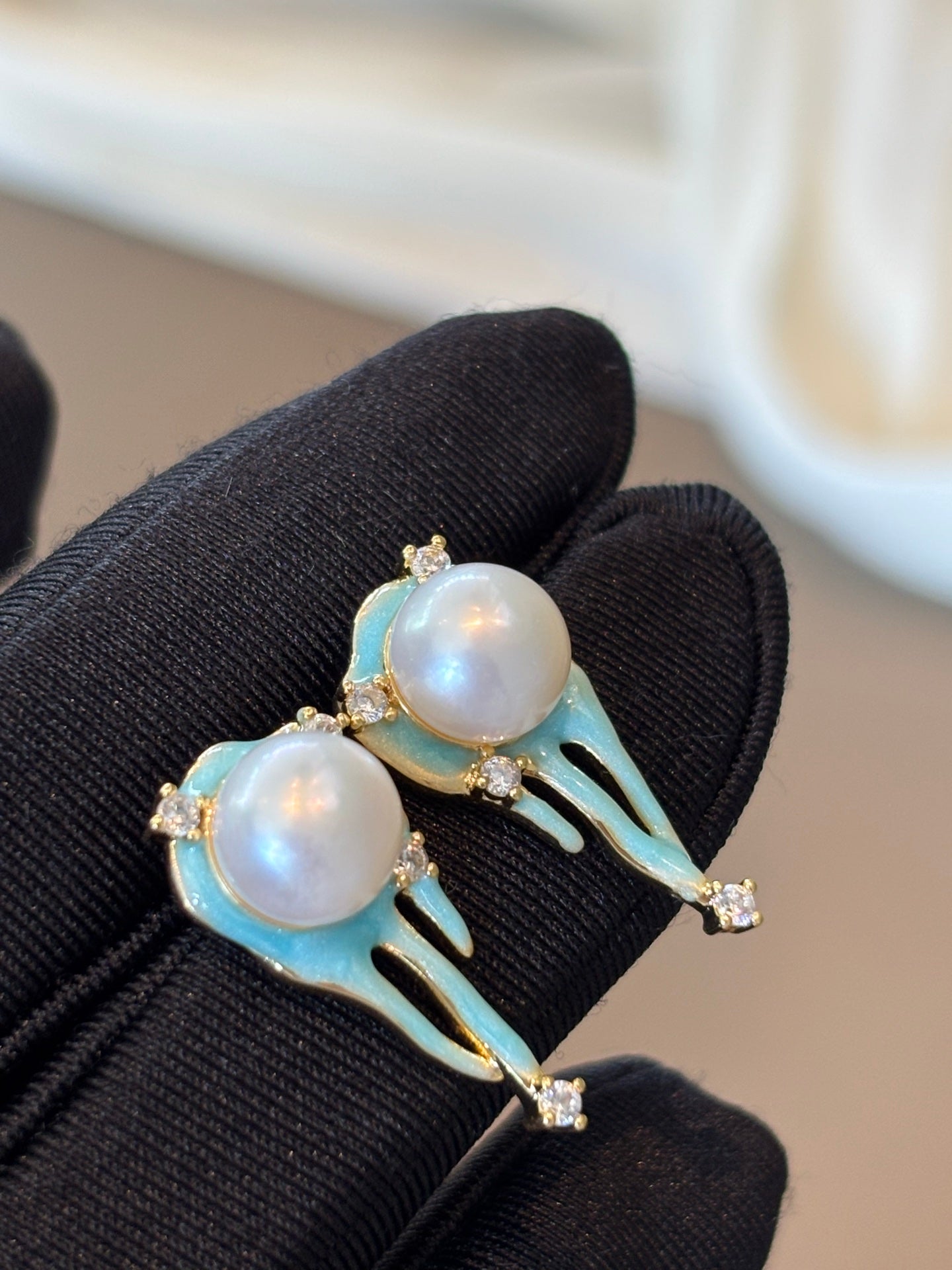 Artisanal Freshwater Pearl Enamel Earrings – Ocean Mist Gold