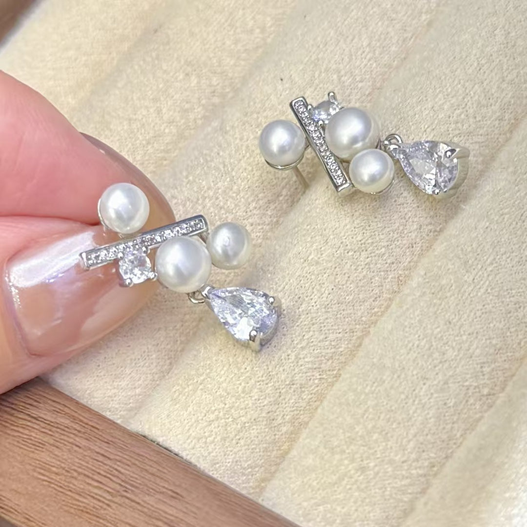 Starry Teardrop Pearl Stud Earrings, Solid 14k Gold over Silver Base