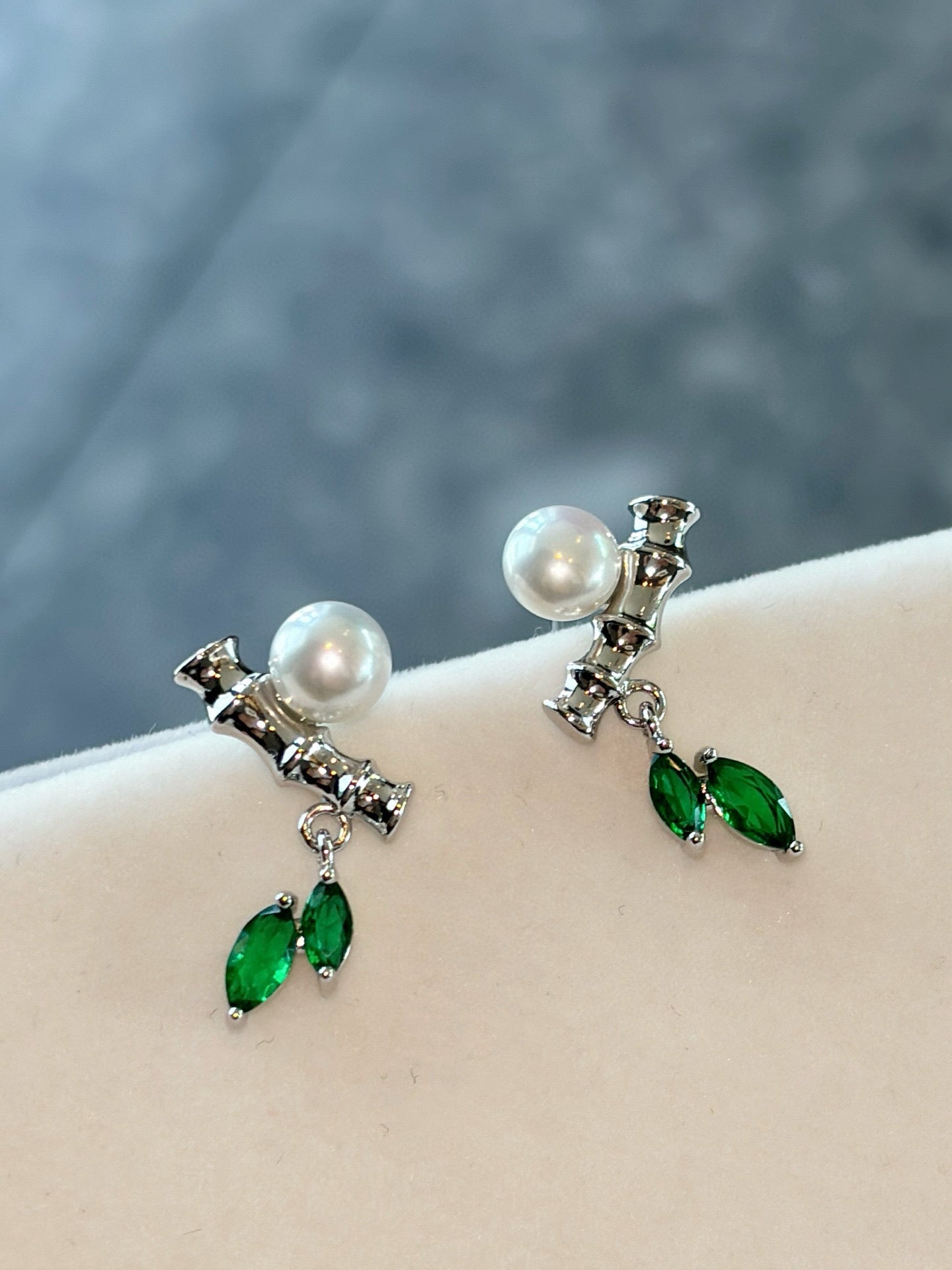 Bamboo Whisper Pearl Stud Earrings with Peridot | Handcrafted Sterling Silver