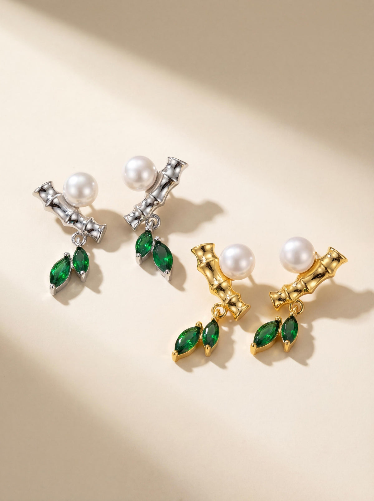 Bamboo Whisper Pearl Stud Earrings with Peridot | Handcrafted Sterling Silver