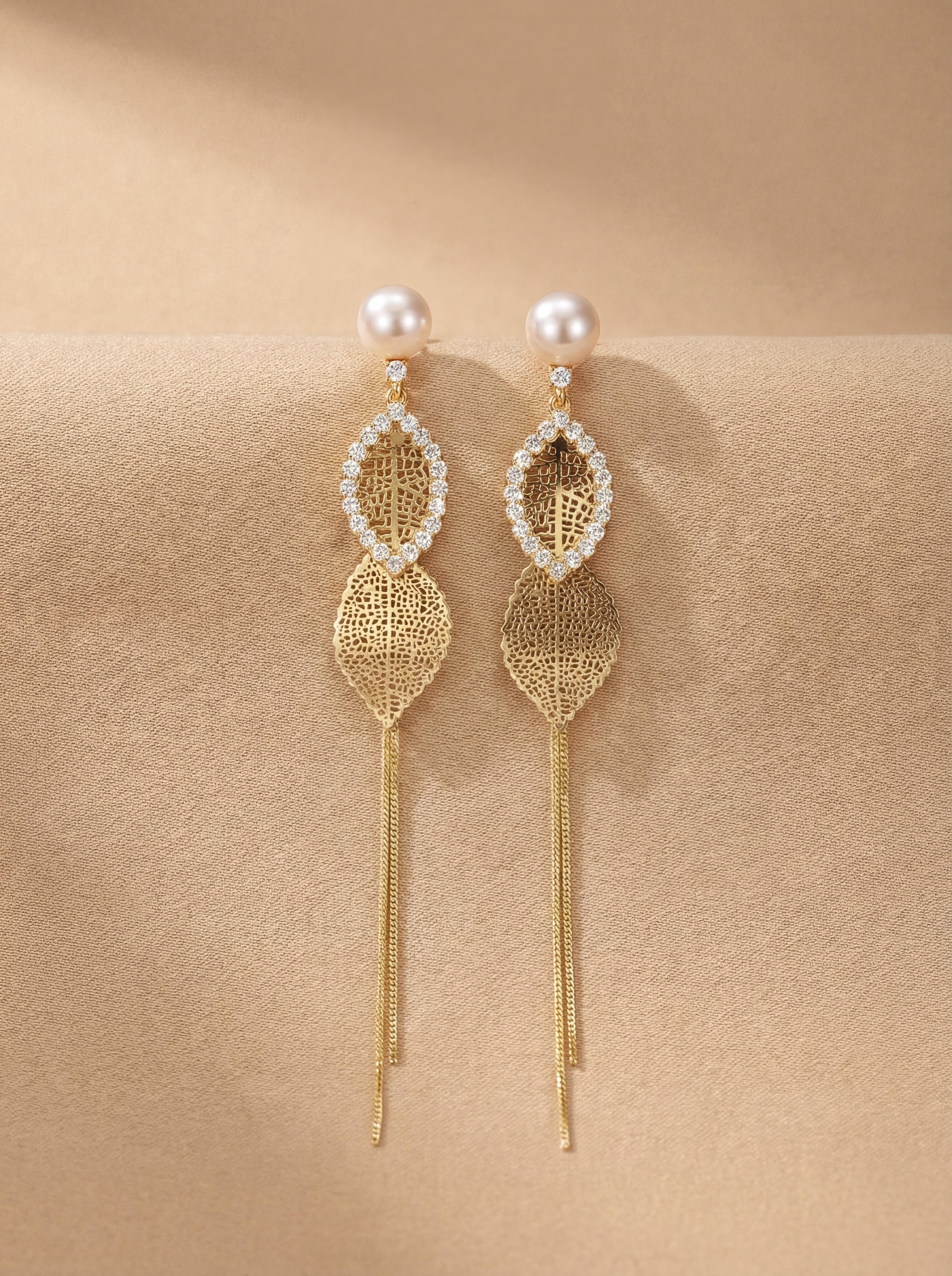 Natural Freshwater Pearl Tassel Drop Earrings - Gold Leaf Design