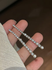 Long Pearl Drop Earrings with Zirconia Accents – Elegant Freshwater Pearl Jewelry